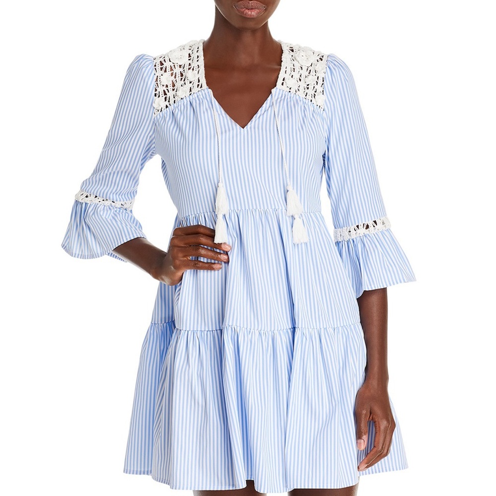 Aqua striped crochet fit and flare dress Sz S